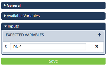 The Inputs section of the Configurations Panel for a Jump From action with a sample value in the Expecte Variables field
